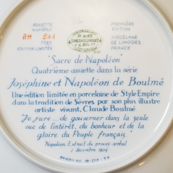 Henri D'Arceau L. & Fils Collectible Plate / Josephine et Napoleon - Picture 6 of 6